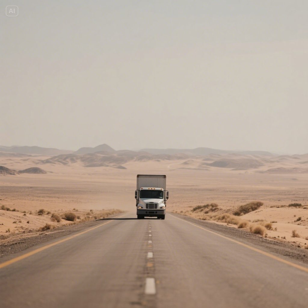 Show a moving truck unbranded at a distance in the open road desertic